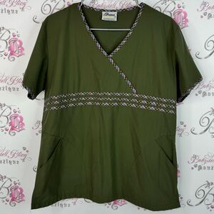 Reina scrub top tshirt Olive Green Women's Short Sleeve Top with Patterned Trim